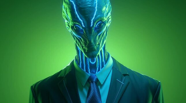Mysterious alien figure in a suit stands under glowing green lights in an eerie atmosphere