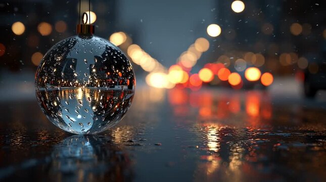 Raindrops on ornament reflect city lights in a winter evening