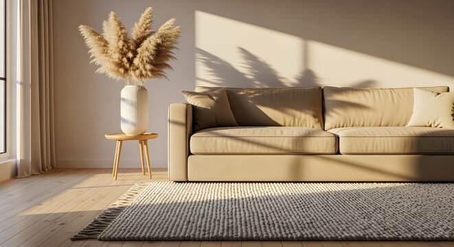Cozy living room corner with sofa and pampas grass in warm sunlight