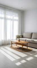 Fototapeta premium Bright modern living room with large windows and soft sunlight streaming in