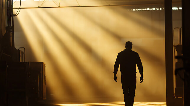 Silhouette of a man walking through a corridor bathed in golden light. The figure walks away from the viewer in a mysterious ambiance. Dramatic light and shadows.