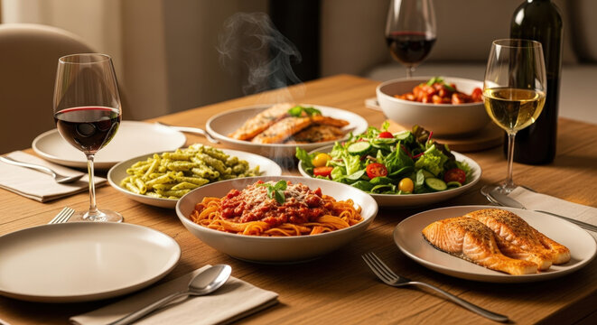 Varied dinner spread with hot pasta, grilled salmon, fresh salad, and wine glasses on a wooden dining table