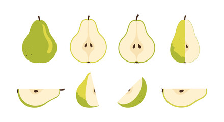 Fresh green pears in various cuts on white background