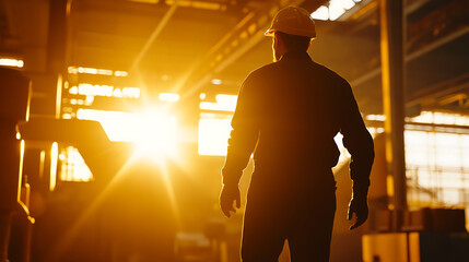 Silhouette of a worker in a hard hat, standing inside a factory during sunset. Warm light, industrial setting. Ready to get the job done. Engineering and safety.