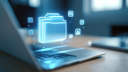 Glowing blue digital folder icon with surrounding file icons hovers over a laptop, representing secure cloud storage, data management and electronic archiving