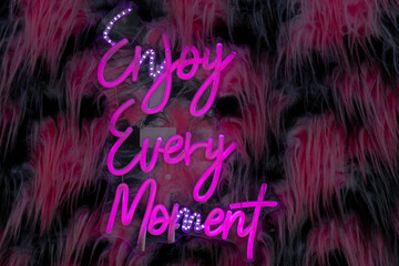Enjoy every moment - Neon Leuchtschild in Pink mit Hintergrund aus Plüsch