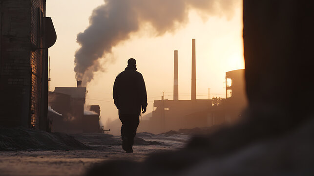 A solitary figure walks towards the distant silhouette of an industrial complex, plumes of smoke rising against the horizon, capturing the essence of a somber, industrial landscape. - Powered by Adobe