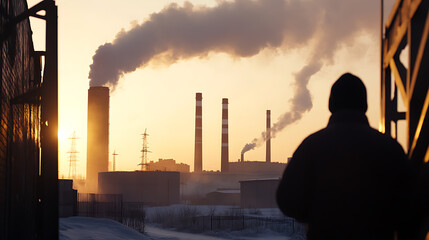 Industrial dawn silhouettes a figure against smokestacks, highlighting the tension between progress and environmental impact in a stark, atmospheric scene.