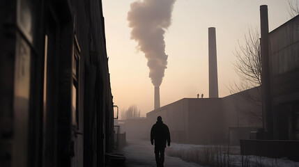 A solitary figure walks toward an industrial complex shrouded in mist, smoke billowing from its chimneys against a muted sky. The scene evokes a sense of isolation and concern.