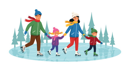 Fototapeta premium Family ice skating in winter wonderland with evergreen trees