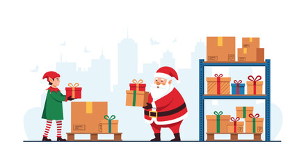 Santa claus and elf organizing gifts in a warehouse setting with urban background