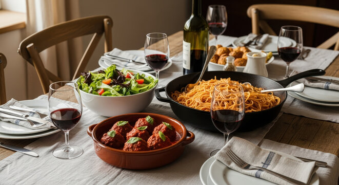 Beautifully set dining table with italian meal including spaghetti, meatballs, and fresh salad with red wine at home - Powered by Adobe