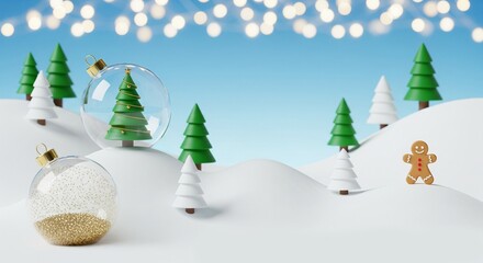 Christmas landscape full of snow with fir trees and Christmas balls