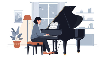 Cozy winter evening: woman playing grand piano in warm living room