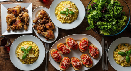 Delicious dinner spread with roasted chicken, creamy risotto, fresh salad, and bruschetta on a wooden table. Home Italian food