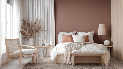 bedroom with clay colored accent wall, white linen curtains, light wood furniture, organic textures