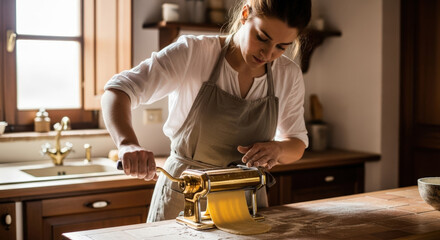 Young woman making fresh pasta with a pasta machine on a wooden countertop in a bright kitchen during daytime. Home Italian food