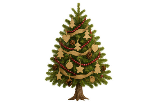 Christmas tree with rustic wood ornaments, red beaded garland, and burlap ribbon celebrating winter holidays - Powered by Adobe