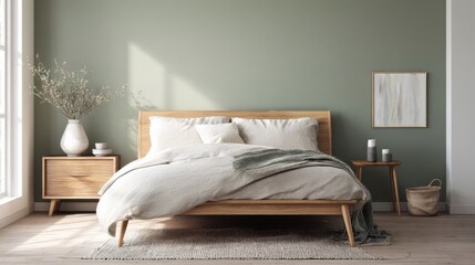 bedroom with sage green accent wall, natural wood bed frame, linen bedding, warm sunlight, minimal decor