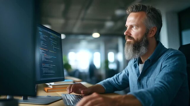 Natural language processing expert refining language models in a quiet office text corpora and sentiment analysis tools on screen collaborating via video call with linguists boo