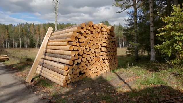 Cut and Stacked Timber Logs Piled Alongside a Dirt Track Winding Through a Dense Woodland