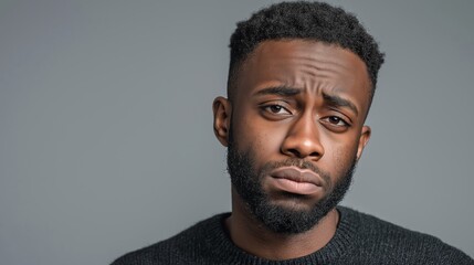 Young black man looking with a worried expression, feeling disappointment, sadness, and concern, portraying negative emotion and stress on a solid background