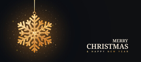 Christmas golden snowflake with glitter isolated on a black background. Glowing realistic 3D snowflake. Luxurious golden Christmas background. Vector illustration