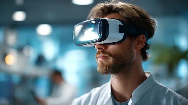 Virtual reality simulation in a lab demonstrating AI's influence on daily human experiences users immersed in scenarios of augmented reality ethics high tech equipment and