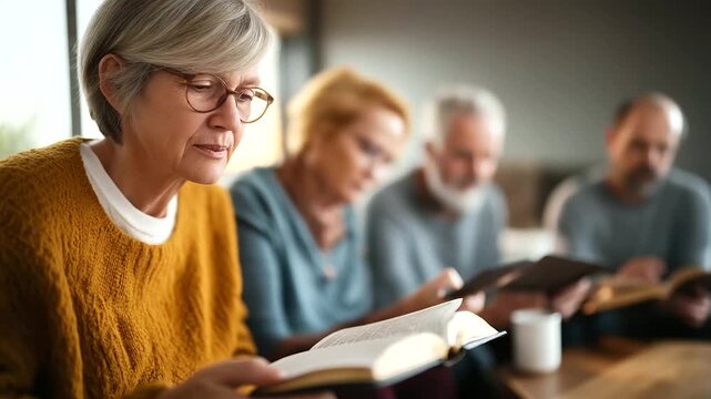 Small group Bible study in a home living room participants reading from Bible apps on tablets while discussing scripture printed Bibles also open on coffee table diverse ages