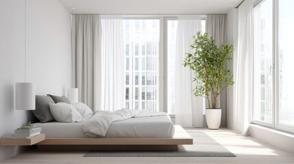 bright bedroom with floor to ceiling window, linen curtains, low bed, green indoor plant, minimalist decor
