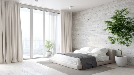 bright bedroom with floor to ceiling window, linen curtains, low bed, green indoor plant, minimalist decor