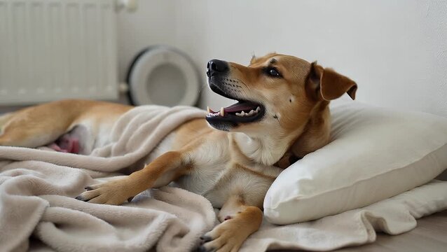 Domesticated Canine Exhibiting a Wide Yawn While Relaxing on a Residential