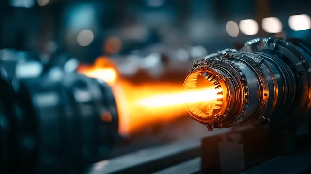 Close up of engineers conducting static tests on a revolutionary open fan engine designed for heavy lift aircraft flames and exhaust controlled in a secure test bed focus on
