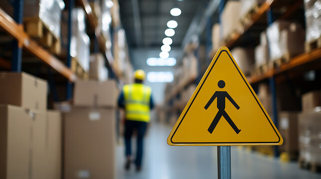 A yellow caution sign showing a stick figure of a person walking, placed in the middle of a warehouse aisle with a worker in the background. Safety first!