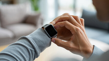 Person checking smartwatch on wrist, interacting with wearable technology in a modern home, representing smart living, connectivity, and digital wellness