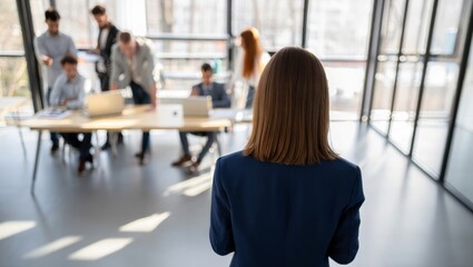 Professional businesswoman viewing a diverse team of employees collaborating during a corporate meeting in a bright, modern office, focusing on teamwork, leadership, and project development