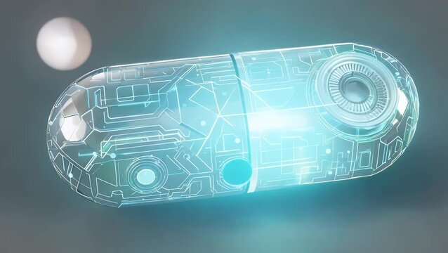 Futuristic Graphic Illustration Representing the Concept of Bioengineering and Advanced Healthcare Technology Featuring a Three-Dimensional Pill Integrated with Electronic Circuit