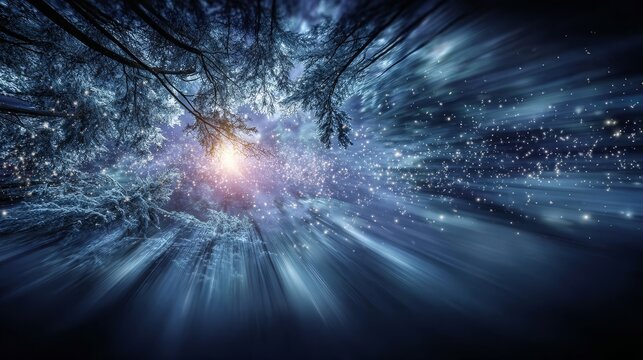 Blue starry night with tree silhouette deep blue sky with graceful tree silhouette and stars - Powered by Adobe