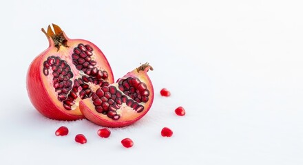 Fresh pomegranate fruit cut open with seeds on white background (石榴)