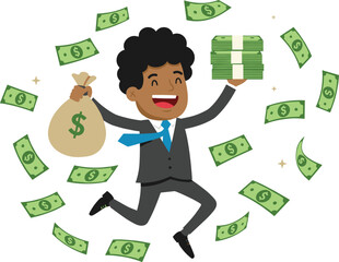 Cartoon businessman vector, joyful jump with money bag and cash, financial success concept, dollar bills background, flat illustration