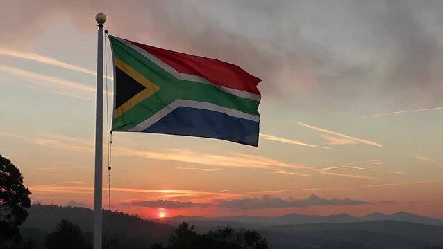 Waving Flag Made of Textile Fabric Against a Background of Early Morning Sunlight with Mist and