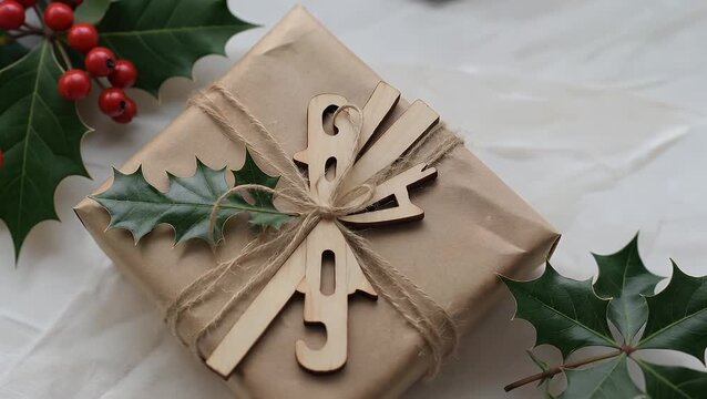 Gifts Enclosed in Environmentally Conscious Repurposed Wrapping Paper Adorned with Natural Wooden Accents and Wintergreen Sprigs Embodying a Zero-Waste Philosophy Captured from an Overhead