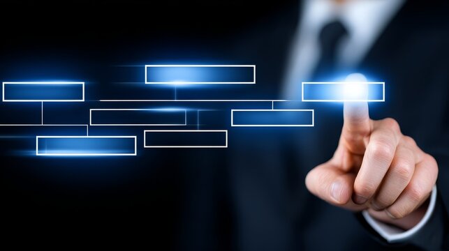 Businessman interacting with digital lines tech concept executive touches abstract digital lines visualizing data