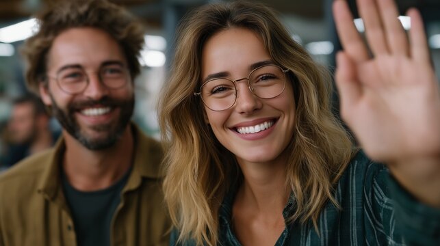 Happy young couple posing for a selfie or video call, woman smiling and waving at the camera while wearing glasses, man looking with a cheerful expression in the background