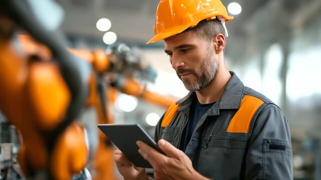 Robotics engineer programming AI driven robots in an industrial workshop interacting with a humanoid robot arm via tablet safety gear and blueprints around emphasizing