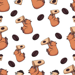 Pattern with a capybara drinking coffee, coffee bags