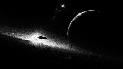 Abstract stipple art of a UFO flying near a planet in space with a bright star overhead, alien world concept for science fiction. © hiten666