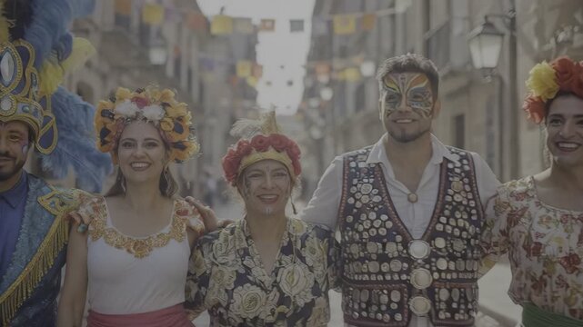 Joyful parade: vibrant costumes and exuberant dancers celebrate in lively street festival