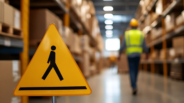 Yellow pedestrian crossing sign with a worker in a hard hat and vest walking through a warehouse filled with shelves of boxes, symbolizing safety in the workplace and caution.