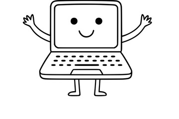Cheerful laptop character waving hello, a friendly computer with welcoming arms, perfect for tech tutorials or educational content for kids online